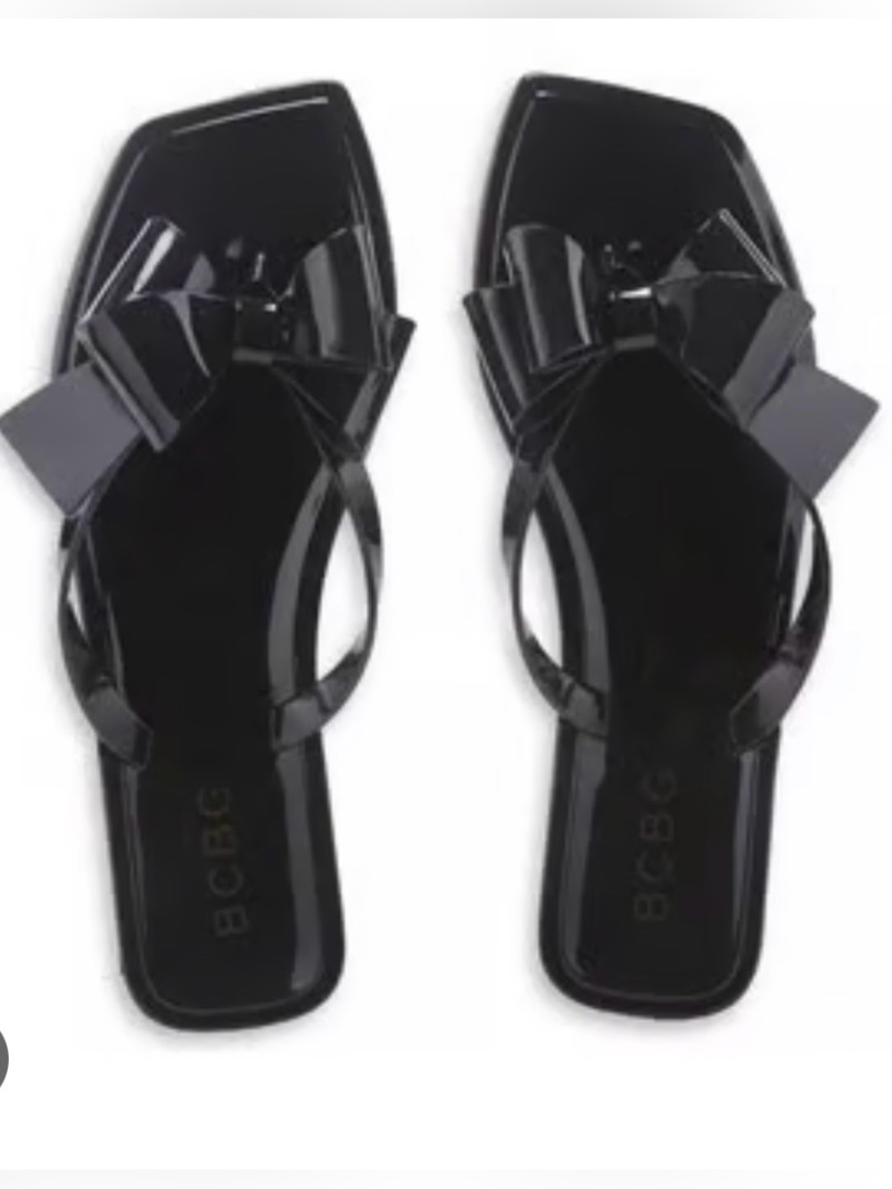 BCBG Black Glossy Bow Square-Toe Slide Sandals